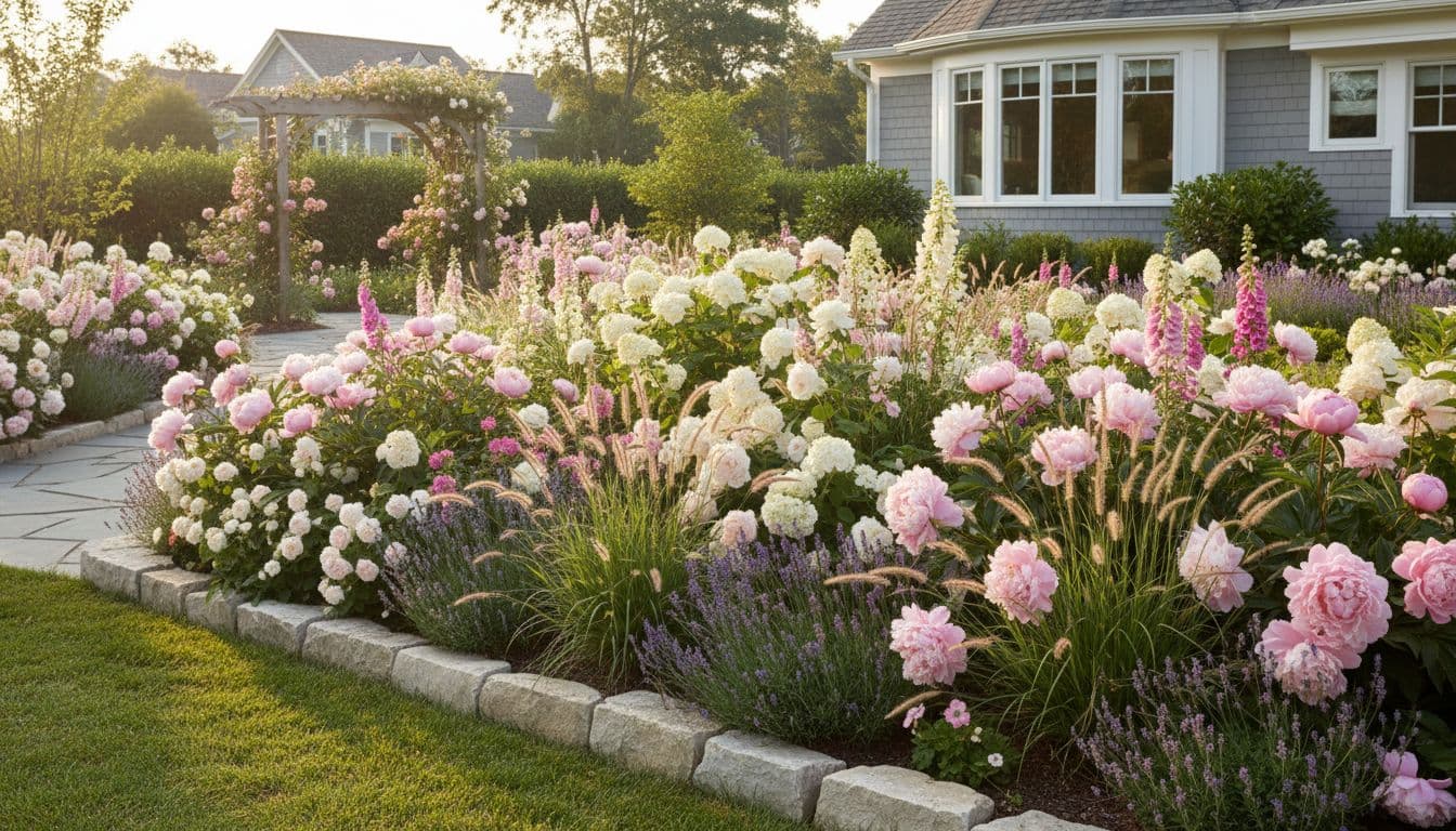 AI flower bed design with pastel perennials
