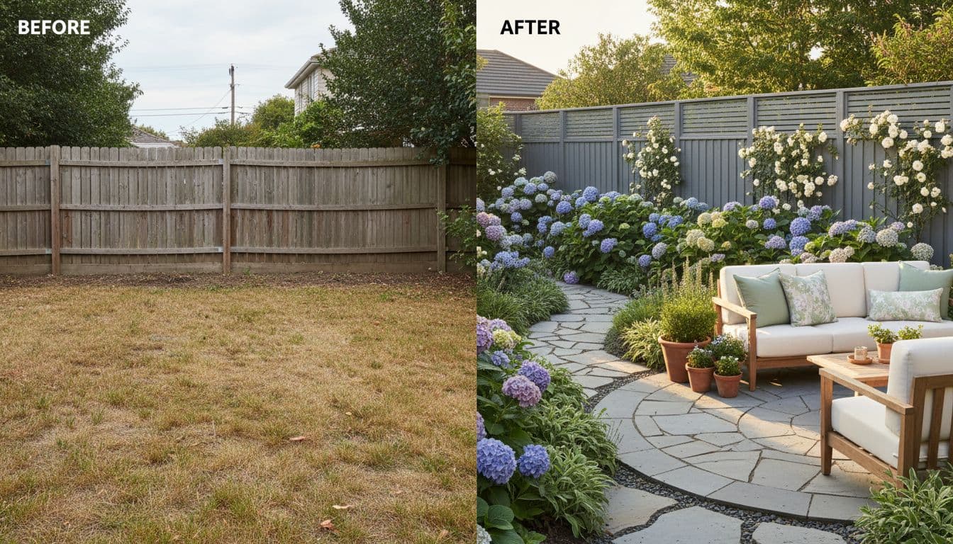 FlorAI AI Garden Design before and after backyard transformation in soft pastel sage style