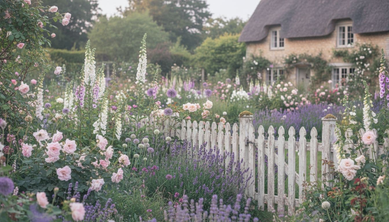 Cottage garden design with pastel roses and lavender by FlorAI