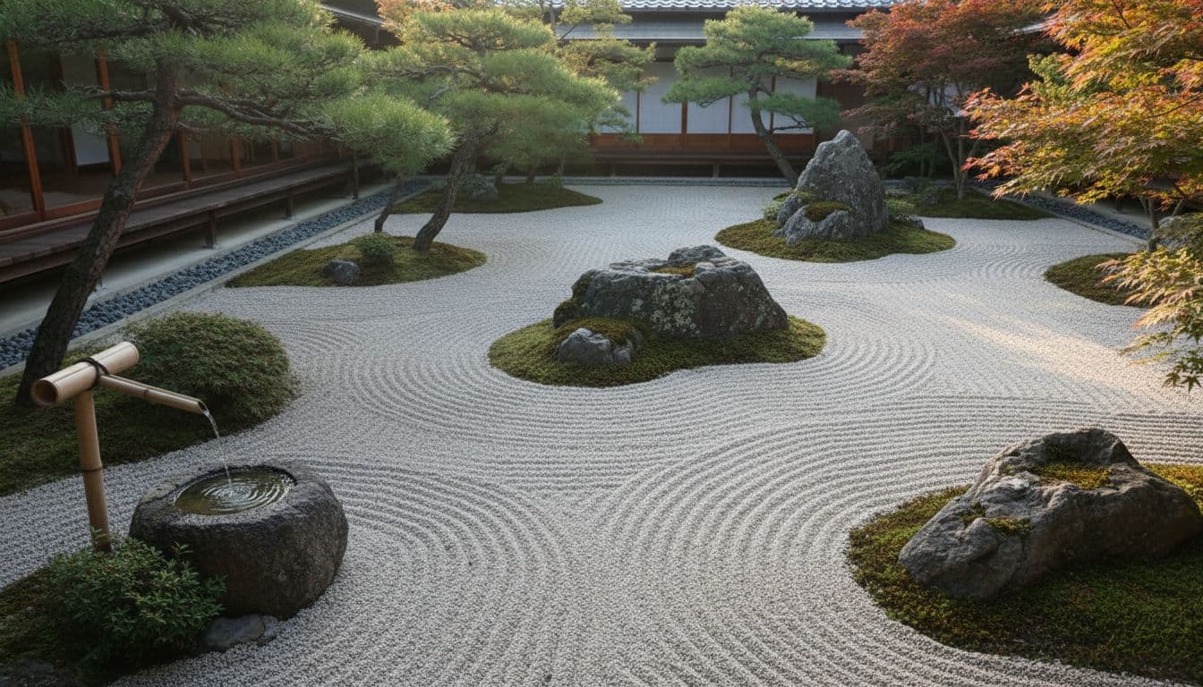 Japanese zen garden AI design with raked gravel and pruned pines