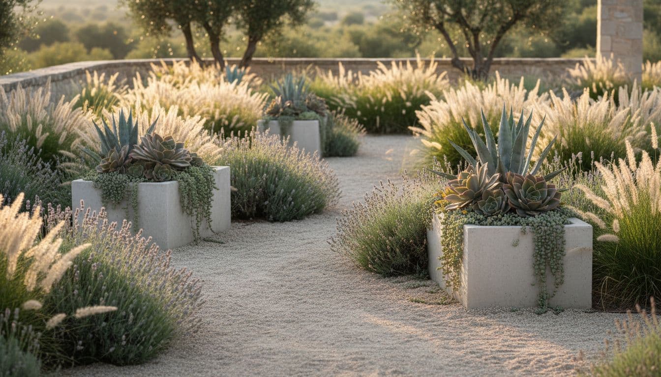 AI low-maintenance garden design with grasses and lavender