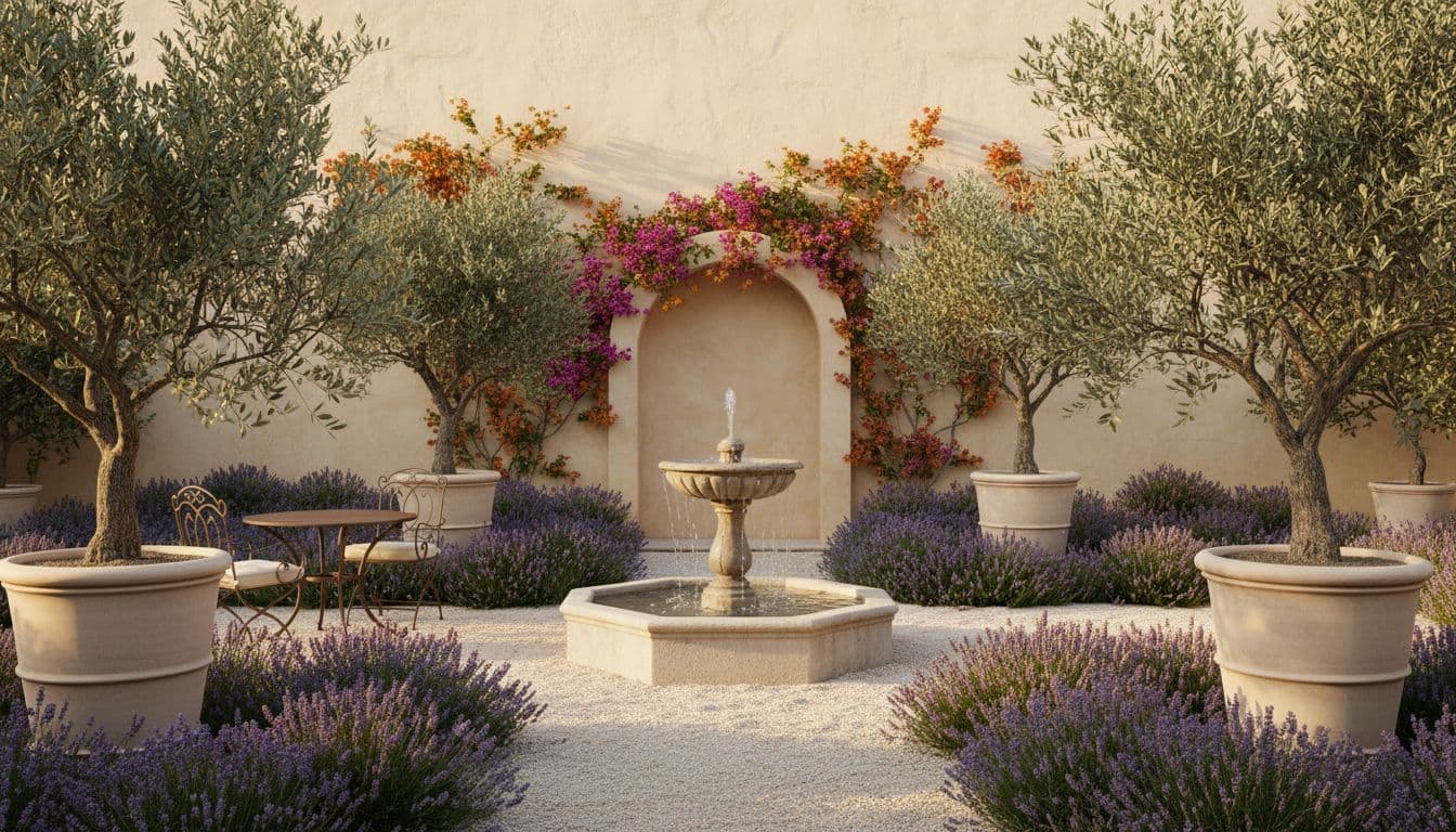 Mediterranean AI garden design with olive trees and lavender