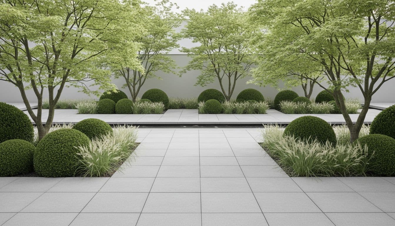 Modern AI garden design with clean pavers and sage planting