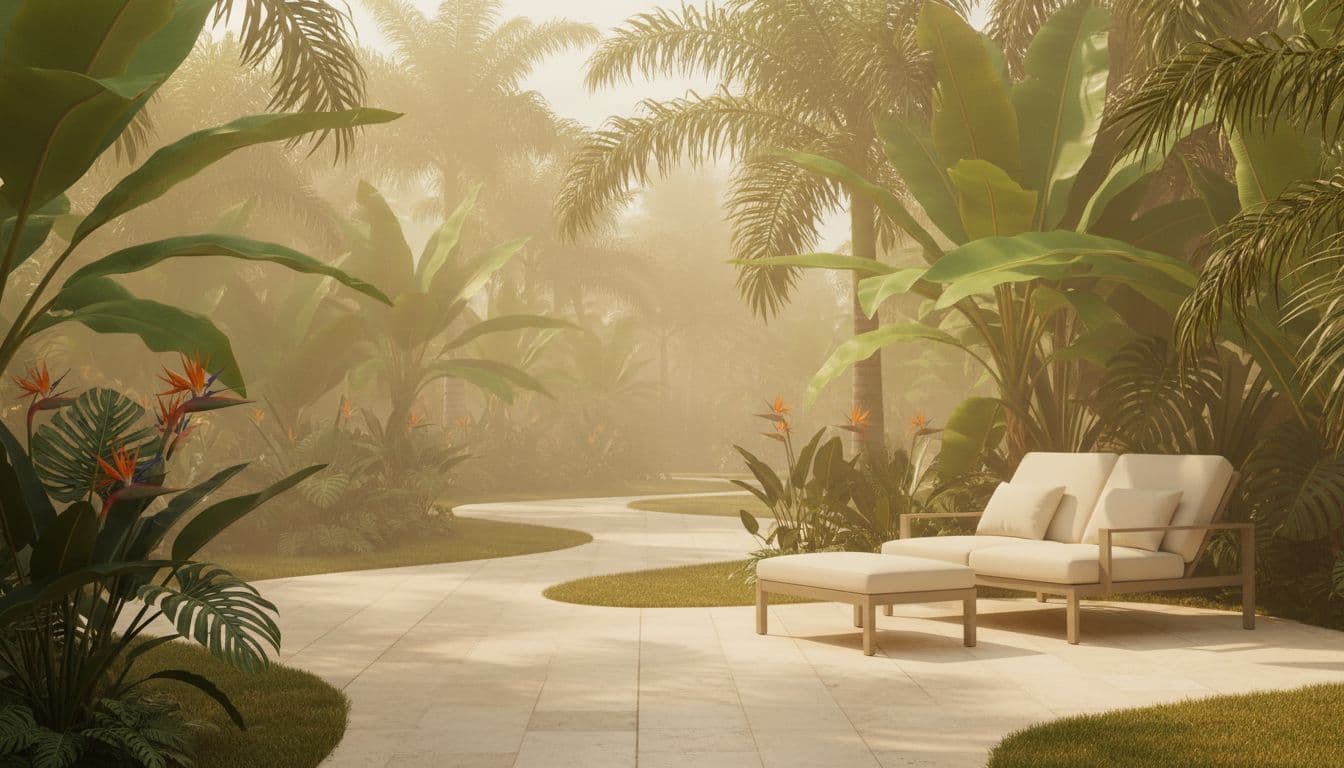 AI tropical garden design with banana palms and birds of paradise