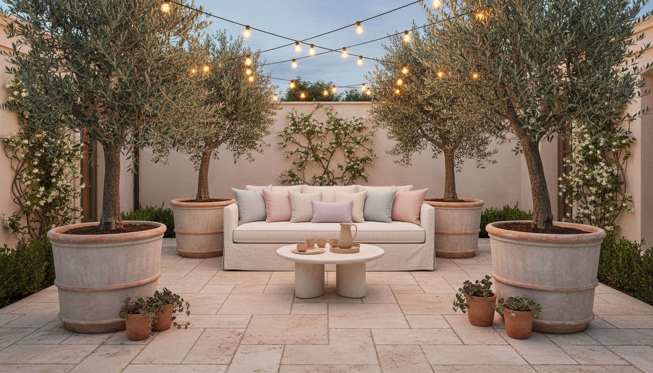 AI patio design with olive trees and pastel sage planting